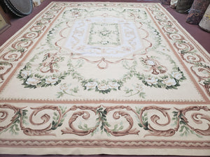 Elegant Aubusson Rug 10 x 14, Cream and Ivory Simple Aubusson Floral Carpet, Hand-Woven, European, New Aubusson Rug, Wool Area Rug, Violins