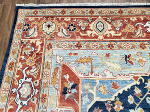 Safavieh Samarkand Heriz Rug 8x9 ft, Colorful Serapi Room Sized Hand-Knotted Wool Carpet, Tribal Rug, Vintage Oriental Rug, Navy Blue & Red