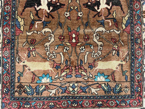 Unique Afghan Silk Rug 4x6, Hunting Pattern Animal Motifs, Light Brown and Cream, Persian Handwritten Poetry, Fine 1940s Oriental Carpet Wow
