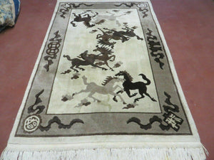 4' X 6' Modern Tibetan Nepal Art Deco Chinese Hand Knotted Wool Rug Horses Nice