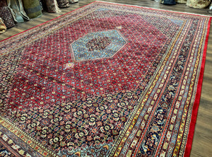 Indo Persian Bidjar Rug 10x14, Red and Dark Blue, Herati Mahi Pattern, Vintage