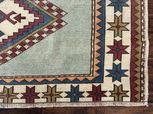 Turkish Kazak Rug 4x6, Geometric Medallion, Caucasian Design Rug, Semi Antique Vintage, Mint Green Maroon Ivory