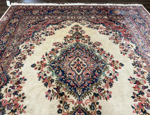 Persian Rug 9x10, Hamadan Rug, Antique Oriental Carpet, Wool Rug, Semi Open Field, Cream and Navy Blue, Kirman Design Hand Knotted Almost Square Rug
