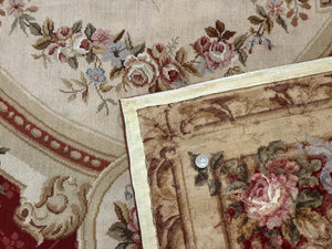 Aubusson Rug 8x11, Needlepoint Carpet, Red Ivory Beige, Vintage, French European Design