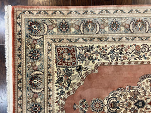 Indo Persian Rug 6x9, Semi Open Field Medallion Rug, Vintage Hand Knotted Wool Oriental Carpet, Traditional Rug, Light Pink, Medium Size