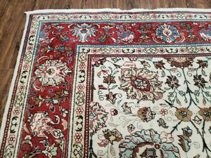 Antique Persian Tabriz Rug 9x12, Hand Knotted Oriental Carpet 9 x 12 ft, Vintage Wool Room Sized Rug, Cream and Red, Floral Allover Handmade Rug