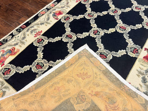 Hooked Rug 5x8, European Aubusson Pattern, Black and Ivory, Roses & Roosters, Vintage Wool Rug