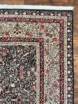 Large Sino Persian Rug 10x14, Wool Hand Knotted Vintage Carpet, Dark Green & Beige, Kirman Floral Rug, Fine Weave, Traditional, Large