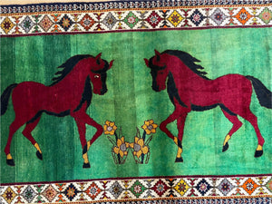 4 X 7 Handmade Rug Zagros Quality Wool Pictorial Horses Green Butterfly Colorful