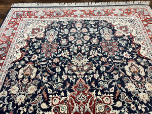 Pak Persian Rug 6x9, Floral Medallion, Dark Blue, Traditional Oriental Carpet, Handmade Wool Vintage Medium Size Rug, 240 KPSI