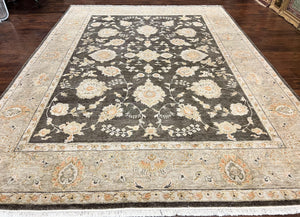 Indo Persian Rug 9x12, Sultanabad Indian Carpet, Dark Brown, Hand Knotted Vintage Wool Rug