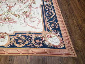 Chinese Aubusson Savonnerie Area Rug 6x8, Vintage Hand-Woven Needlepoint Rug, Flat Weave Handmade Wool Carpet Living Room Ivory & Navy Blue