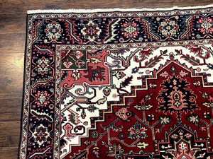 Indo Persian Heriz Rug 8x10, Geometric Medallion, Brick Red Ivory Navy Blue, Room Sized Heriz Carpet, Wool Rug
