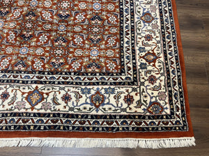 Indo Bidjar Rug 8x10, Indo Persian Bijar Carpet 8 x 10 ft, Herati Allover Floral, Red and Ivory, Wool Hand Knotted Vintage Oriental Rug Nice