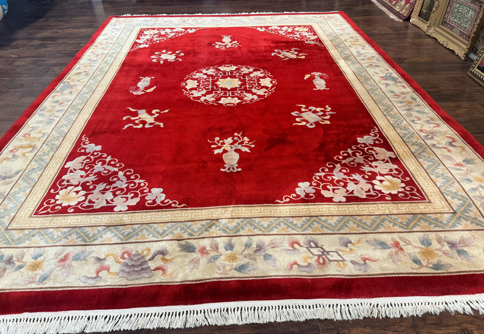 Chinese Wool Rug 8.6 x 11, Red and Beige Asian Oriental Carpet, Plush Pile, Vintage Handmade Chinese Carving Sculpted Rug, Semi Open Field