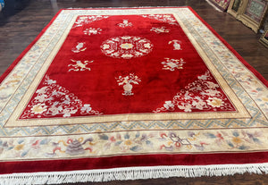 Chinese Wool Rug 8.6 x 11, Red and Beige Asian Oriental Carpet, Plush Pile, Vintage Handmade Chinese Carving Sculpted Rug, Semi Open Field