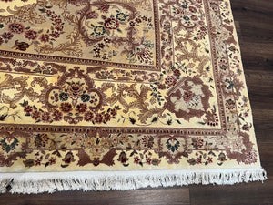 Vintage Sino Persian Rug 10x14, Room Sized Elegant Handmade Oriental Carpet 10 x 14, Floral Medallion Large Wool Rug with Silk Accents Beige