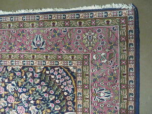 Turkish Sivas Rug 7x11, Navy Blue & Pink, Millifluer Floral Wool Carpet, Vintage