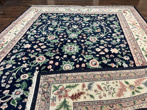 Indo Persian Rug 9x12, Wool Hand Knotted Vintage Carpet, Navy Blue & Ivory, Floral Allover Oriental Rug, 9 x 12 Room Sized Traditional Rug