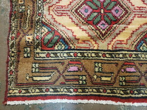 Small Persian Rug 2x3, Hand Knotted Handmade Wool Tribal Geometric Medallion Hamadan Carpet 2 x 3 ft Cream Red Camel Hair Color, Tiny Vintage Carpet