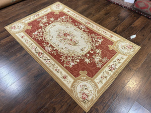 Aubusson Needlepoint Rug 5x8, Red Ivory Tan, Vintage Needlepoint Carpet 5 x 8 ft, Handmade Hand woven Wool, French European, Medium Size Rug