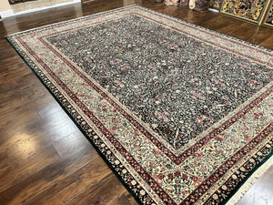 Large Sino Persian Rug 10x14, Wool Hand Knotted Vintage Carpet, Dark Green & Beige, Kirman Floral Rug, Fine Weave, Traditional, Large