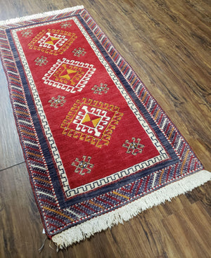 Vintage Turkish Kazak Rug 2.5 x 5 Red Wool Carpet Medallions Runner Geometric