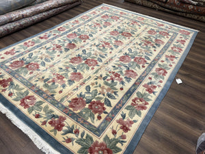 Chinese Wool Rug 8x11, Vintage 1960s Carpet, Cream and Teal, Floral Garden Panel, 8 x 11 ft Area Rug, Soft Handmade Room Sized 120 Line Rug