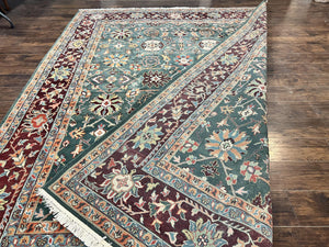 Indo Persian Rug 9x12, Wool Hand Knotted Vintage Carpet, Green and Maroon, Traditional Allover Floral Design, 9 x 12 Room Sized Rug