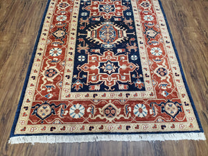 Vintage Turkish Area Rug 4x6, Wool Hand-Knotted, Red & Dark Blue Turkish Persian Pattern Oriental Carpet, 4 x 6 Decorative 1960s Foyer Rug
