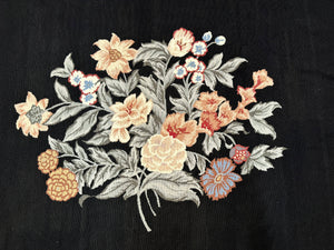 Black Needlepoint Rug 8x11 with Multicolor Flowers, Vintage Carpet