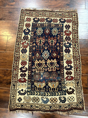 Antique Caucasian Kazak Rug 2.5 x 4, Navy Blue and Ivory, Hand Knotted Handmade Wool Rug
