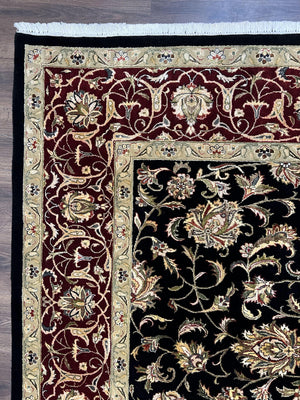 Indo Persian Rug 8x10, Black and Maroon Floral Allover Wool and Silk Oriental Carpet 8 x 10 ft, Hand Knotted Traditional Vintage Room Sized
