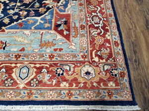 Safavieh Samarkand Heriz Rug 8x9 ft, Colorful Serapi Room Sized Hand-Knotted Wool Carpet, Tribal Rug, Vintage Oriental Rug, Navy Blue & Red