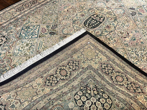 Pak Persian Kirman Rug 9x12, Panel Design Oriental Carpet 9 x 12 ft, Wool Hand Knotted Handmade Traditional Room Sized Vintage Rug, Green