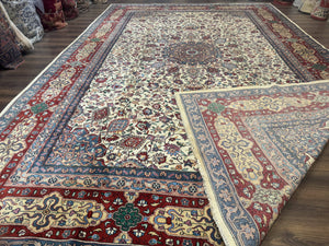Persian Mashad Rug 10x16, Palace Size Handmade Wool Carpet, Cream Red, Floral Medallion, Vintage