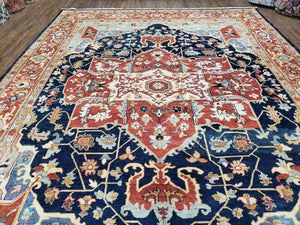 Safavieh Samarkand Heriz Rug 8x9 ft, Colorful Serapi Room Sized Hand-Knotted Wool Carpet, Tribal Rug, Vintage Oriental Rug, Navy Blue & Red