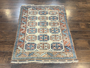 Turkish Kazak Rug 3x4, Wool Hand Knotted Handmade Vintage Carpet, Geometric Tribal Repeated Motif, Small 3 x 4 Antique Rug, Cream Red