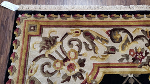 Nepal Rug 6x9, New Aubusson Nepalese Tibetan Carpet 6'1" x 8' 8", Hand-Knotted Wool, Unused, Black & Cream, Savonnerie Pattern, Soft Pile