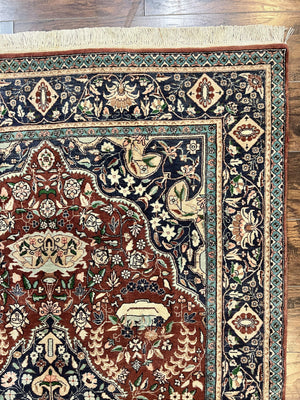 Pak Persian Rug 5x7, Wool Hand Knotted Vintage Carpet, Floral Medallion Rug, Brick Red & Navy Blue, Fine Weave, Medium Sized Rug