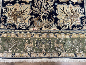 Wonderful Persian Qum Rug 6x9, Animal Pictorials, Tree of Life, Deer Birds, Hand Knotted Oriental Ghom Carpet, Semi Antique Vintage, Navy Blue Green