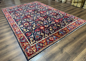 Persian Sarouk Mahal Rug 7x11, Navy Blue Multicolor Colorful Persian Carpet, Mina Khani Allover Pattern, Vintage Persian Rug