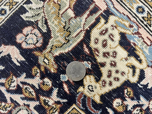 Persian Qum Tree of Life Rug 5x7, Wool and Silk Highlights, Animal Motifs, Vintage Hand Knotted Handmade Cream & Black Fine Oriental Carpet