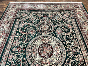 Pak Persian Rug 9x12, Dark Green and Cream, Floral Medallion, Elegant Handmade Wool Carpet 9 x 12