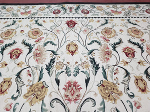 New Needlepoint Rug 9x12, Hand Woven Wool Area Rug, Flatweave Carpet, Handmade Chinese Needlepoint, Floral European Design, Ivory Background