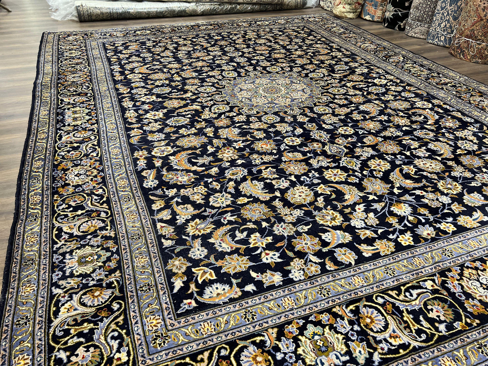 Wonderful Navy Blue Persian Kashan Rug 11x13, Allover Floral Design with Central Medallion, Wool Hand-Knotted Antique Carpet, Signed Rabani Rug