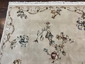Chinese 120 Line Rug 8x10, Chinese Aubusson Wool & Silk Highlights Handmade Vintage Carpet, Beige Fine Weave Rug, Floral European Design