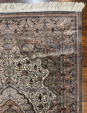 Very Fine Sino Persian Silk Rug 4x6, Floral Medallion, Hand Knotted, Silk Pile on Silk Foundation, Ivory, Vintage Handmade Oriental Carpet