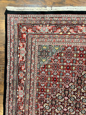 Indo Persian Rug 8x10, Wool Hand Knotted Vintage Carpet, Red & Midnight Blue, Indo Bidjar Oriental Rug, Herati Mahi Pattern, Room Sized Rug