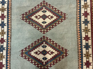 Turkish Kazak Rug 4x6, Geometric Medallion, Caucasian Design Rug, Semi Antique Vintage, Mint Green Maroon Ivory